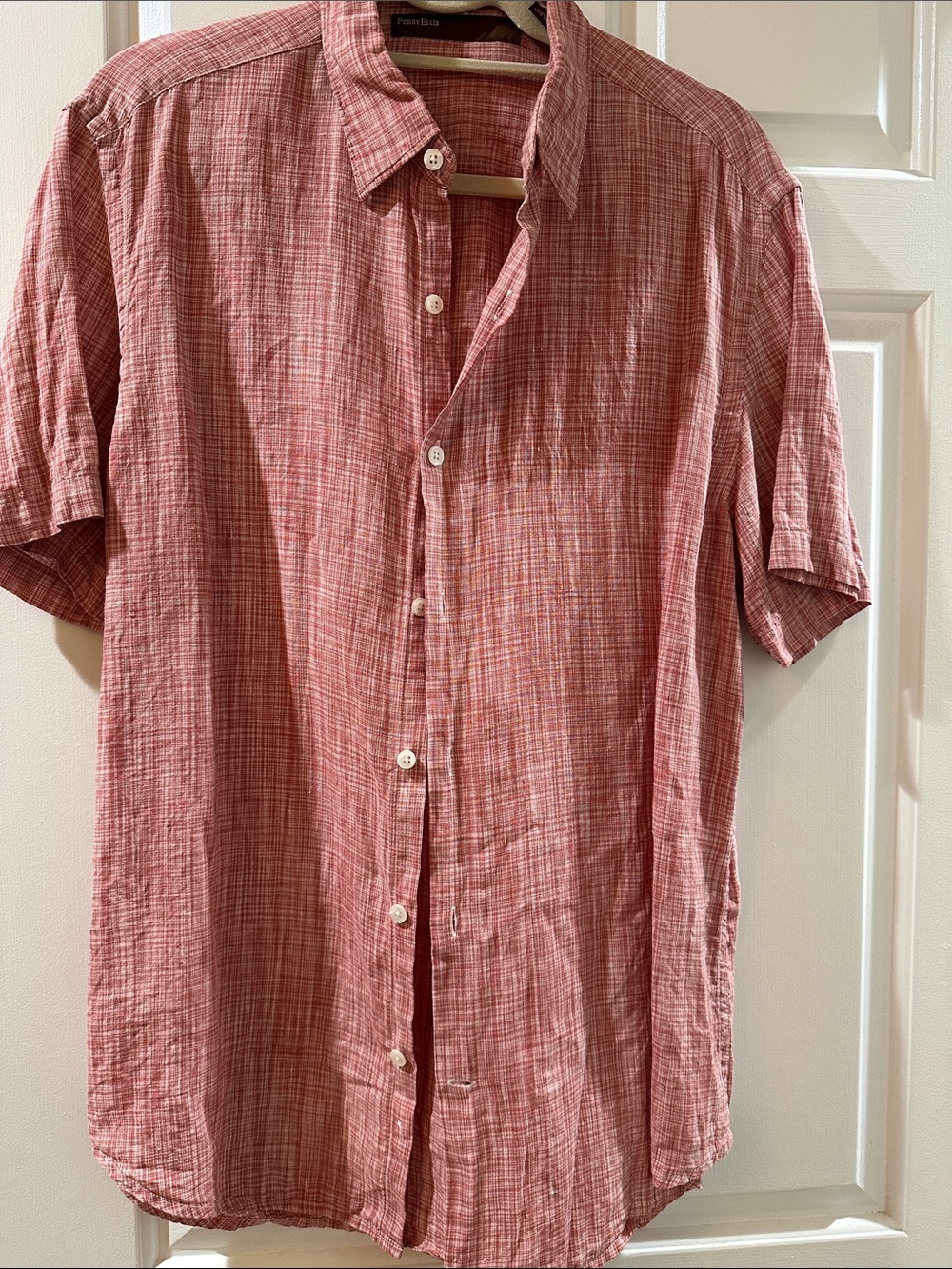 Perry Ellis Men’s Short Sleeve Button-Down Shirt — Burnt Red Plaid